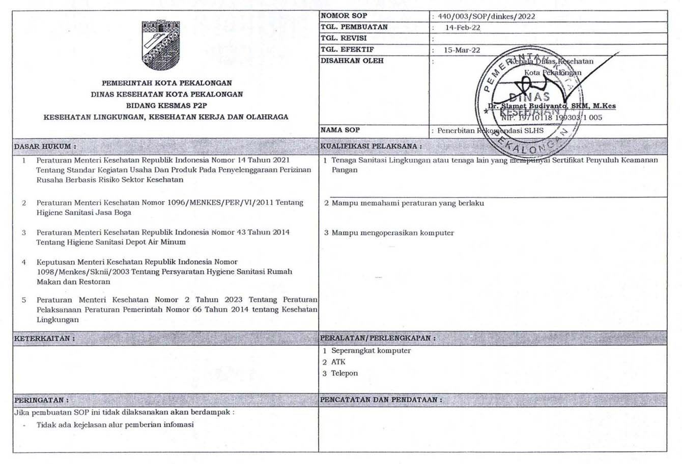 Sop Layanan Penerbitan Rekomendasi Slhs Sertifikat Laik Higiene